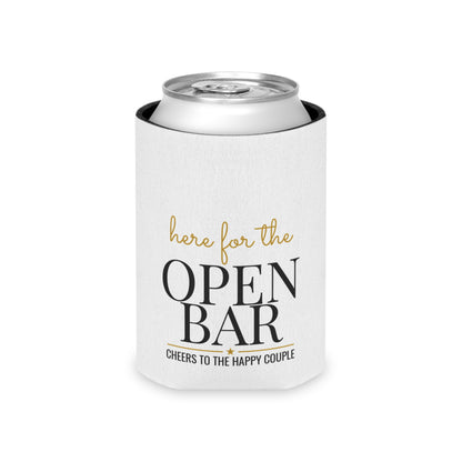 White can koozie with metal can top and “here for the OPEN BAR” design
