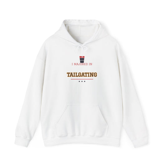 White hoodie with front "Tailgating" graphic and kangaroo pocket