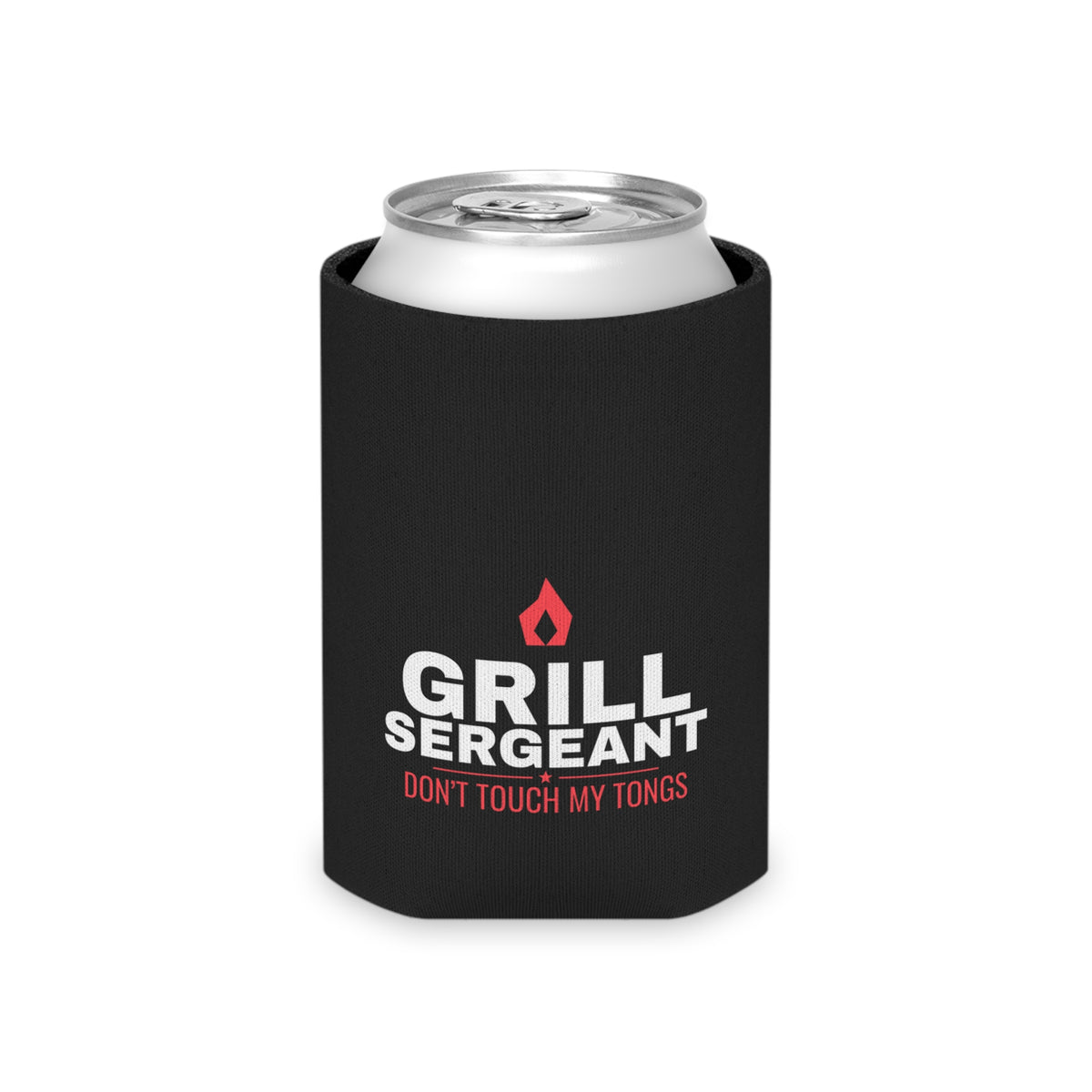 Black koozie holding a silver soda can; red flame and 'GRILL SERGEANT' logo