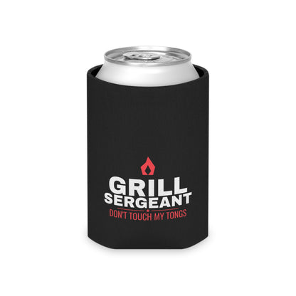 Black koozie holding a silver soda can; red flame and 'GRILL SERGEANT' logo
