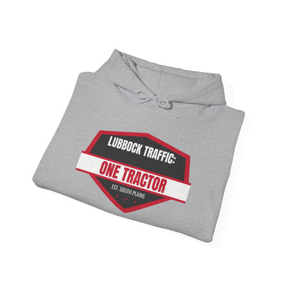 Sport grey hoodie folded stack with front pocket and “ONE TRACTOR” chest graphic
