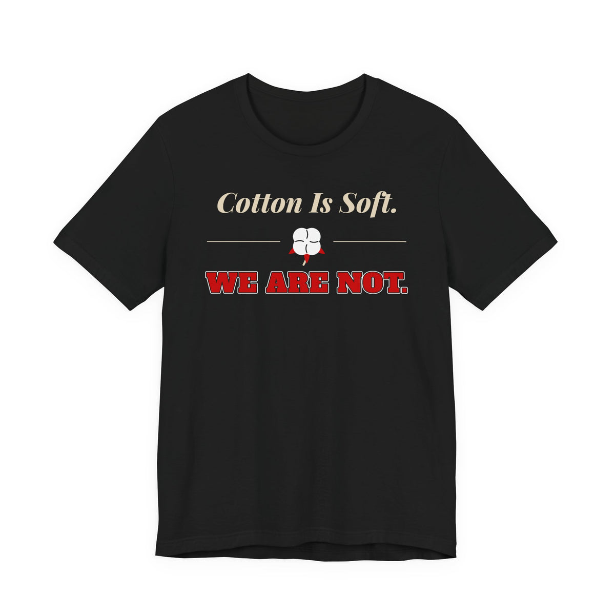 Black cotton T-shirt with gold-and-red chest text and small fist icon graphic