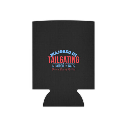 Black can cooler with “Majored in Tailgating” logo and small “Minored in Naps” line