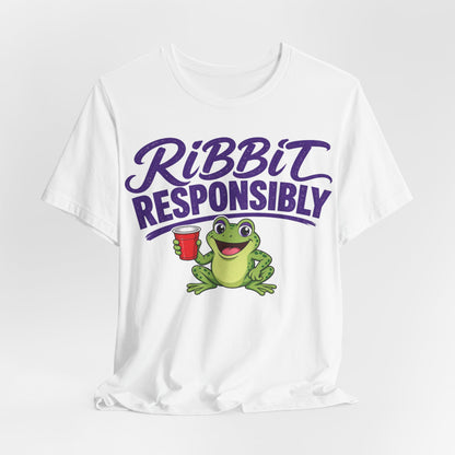 White crewneck T-shirt with purple 'RIBBIT RESPONSIBLY' lettering and green frog cartoon holding cup