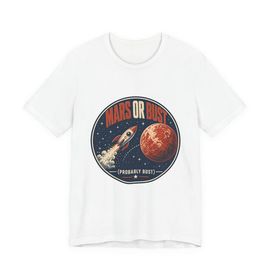 White crewneck graphic T-shirt with Mars or Bust space logo print on chest