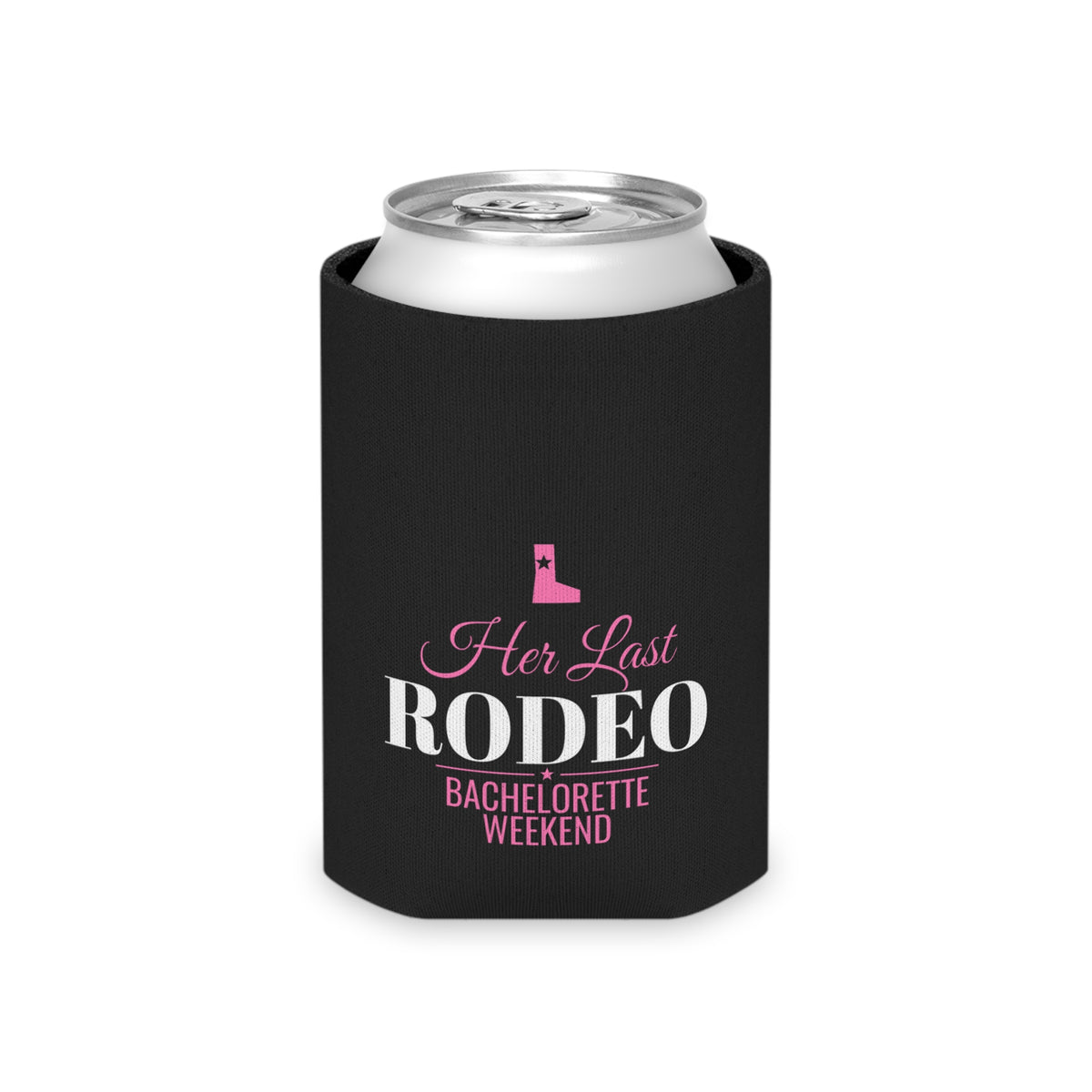 Black can cooler sleeve with top opening; 'Her Last RODEO' bachelorette weekend graphic