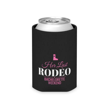 Black can cooler sleeve with top opening; 'Her Last RODEO' bachelorette weekend graphic