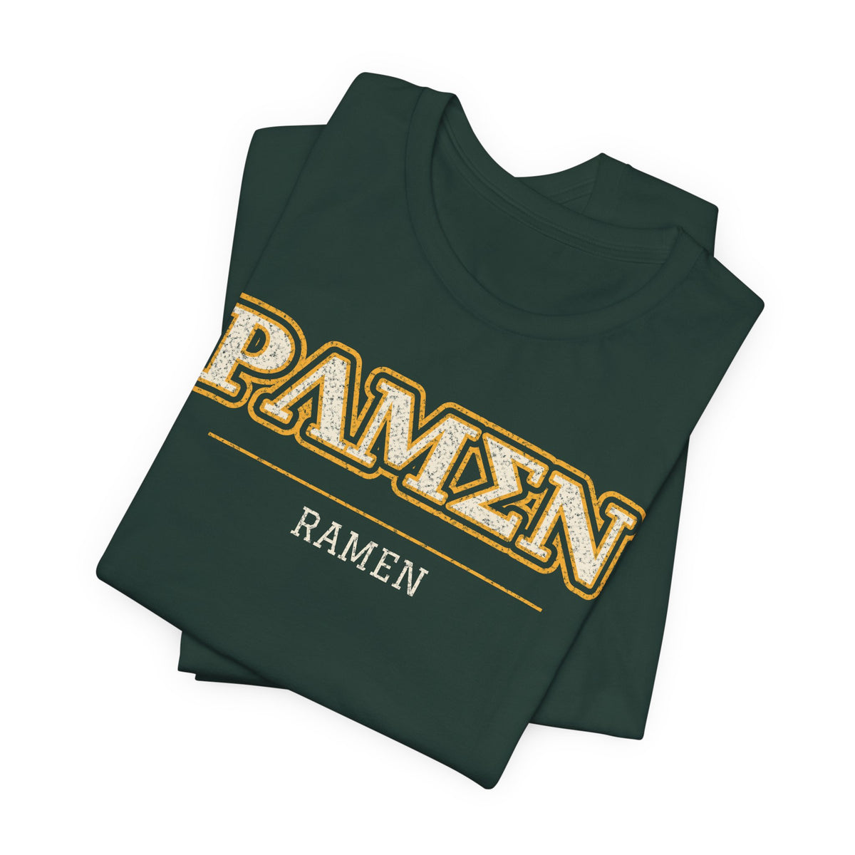 Folded dark green graphic T-shirt with RΛMΣN and ramen print