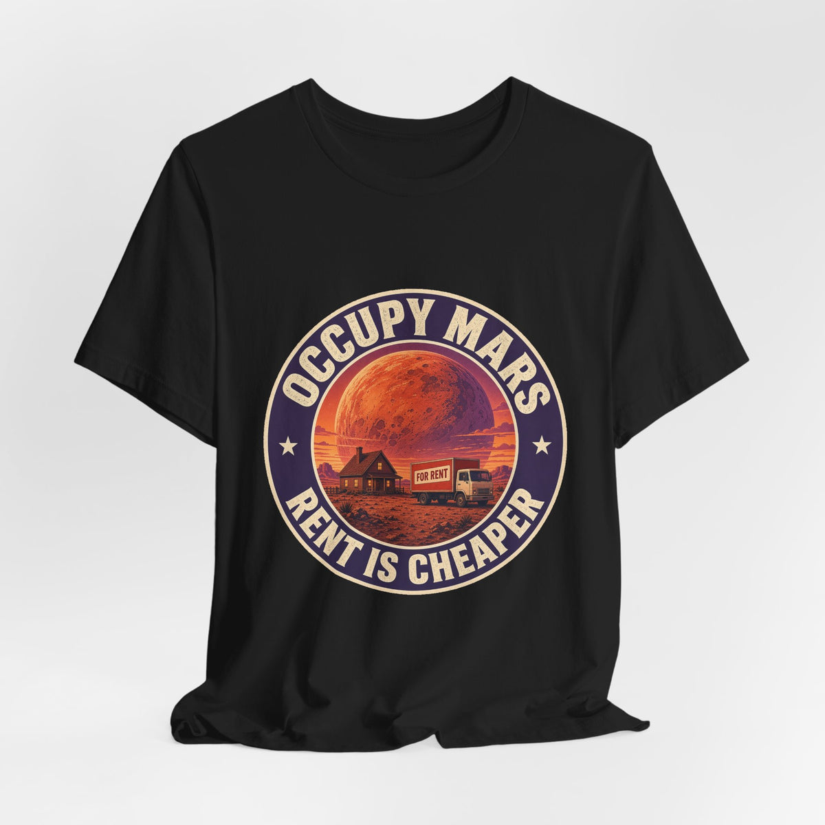 Black crewneck tee shirt with centered round Mars-themed logo
