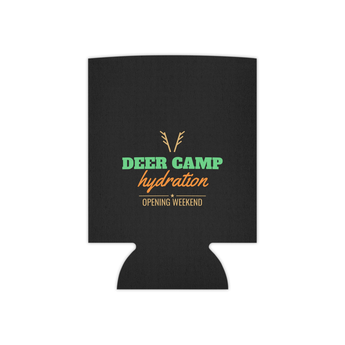 Black can koozie with deer-antler logo and multicolor event text