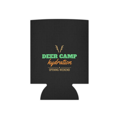 Black can koozie with deer-antler logo and multicolor event text