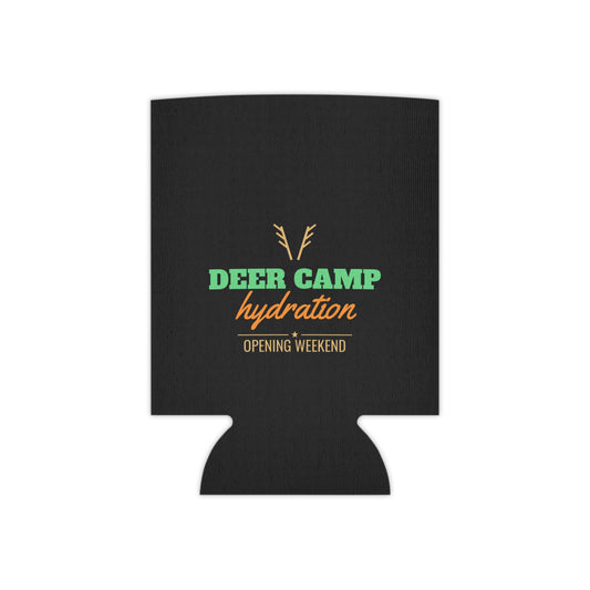 Black can koozie with deer-antler logo and multicolor event text