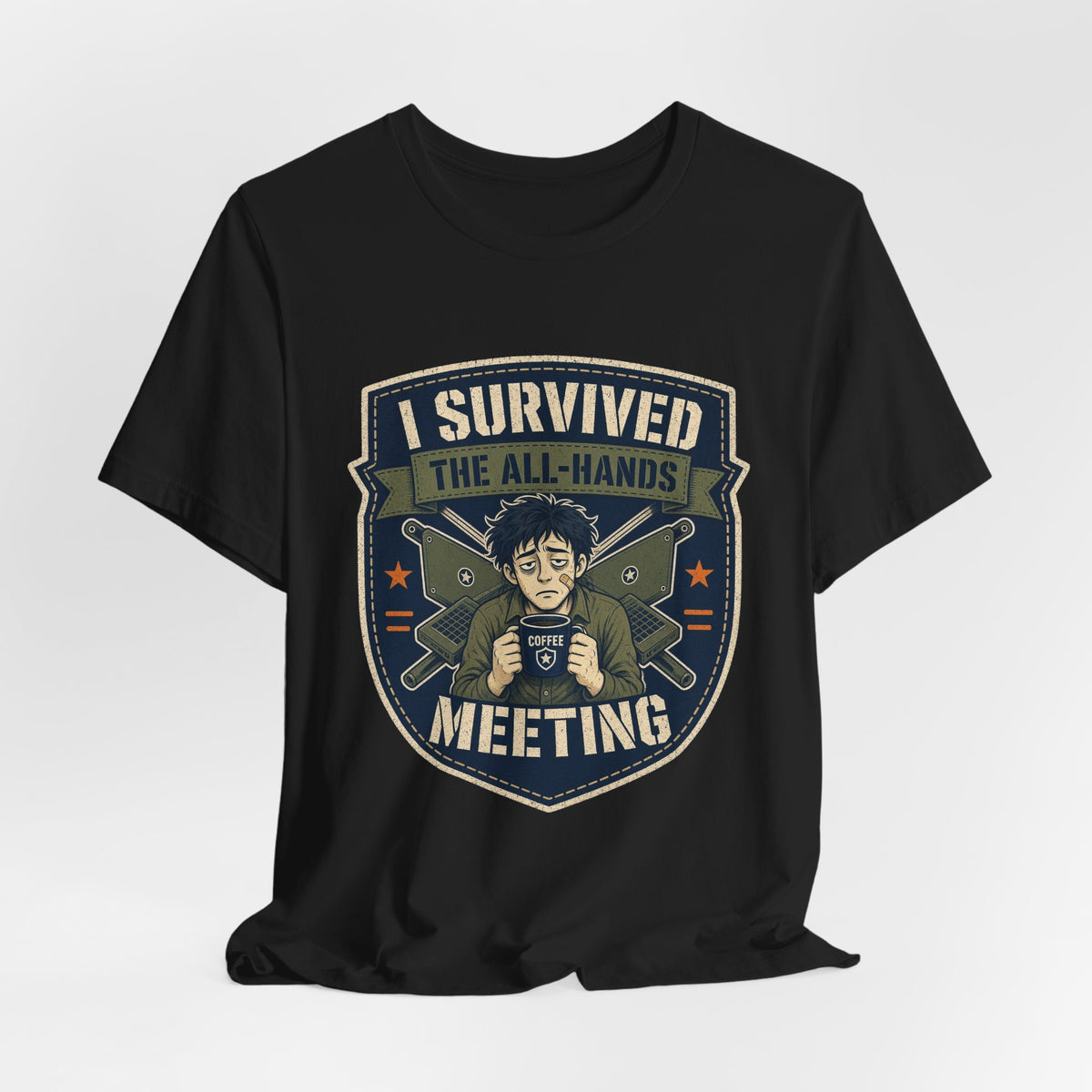 Black crewneck T-shirt with “I Survived the All-Hands Meeting” character shield graphic