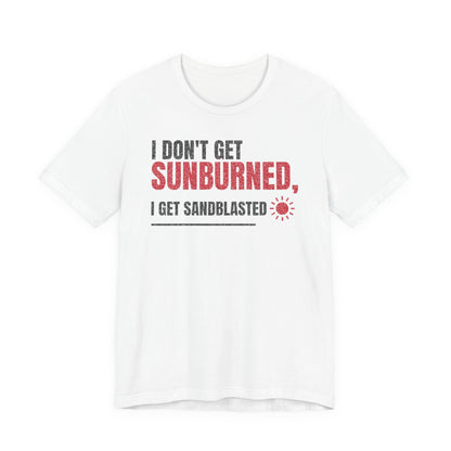 White crew-neck T-shirt with bold sunburned and sandblasted text graphic