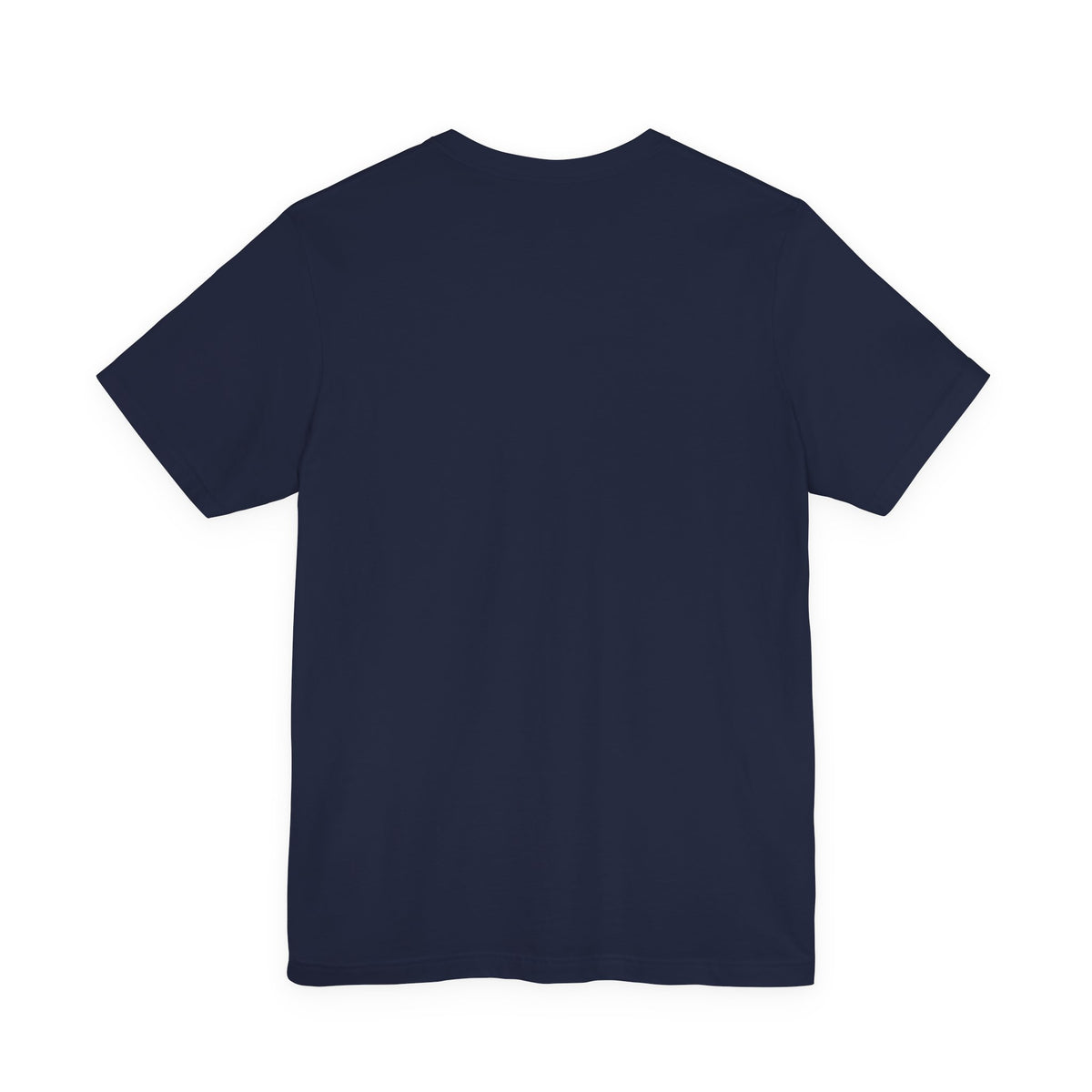Navy crew-neck short-sleeve T-shirt, plain front with no visible print.