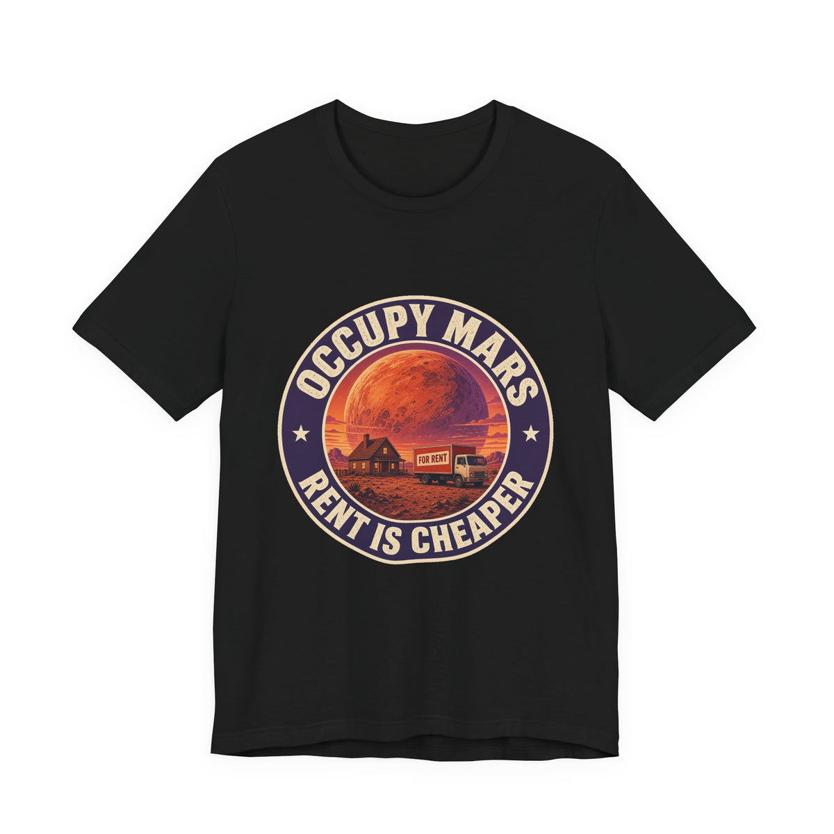 Black crewneck graphic tee shirt with round Mars-themed logo