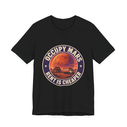 Black crewneck graphic tee shirt with round Mars-themed logo