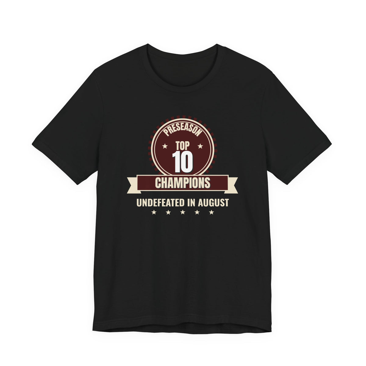 Black crewneck tee with Preseason Top 10 Champions graphic and Undefeated in August text.