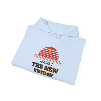 Light blue pullover hoodie with 'The New Friday' chest graphic