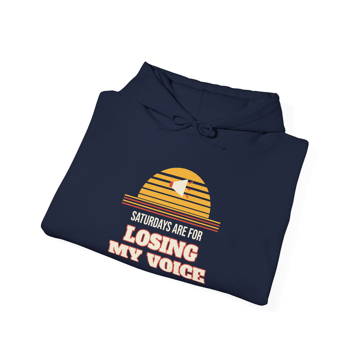 Navy pullover hoodie with drawstring hood and 'Losing My Voice' graphic