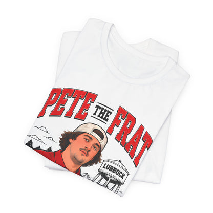 Stack of white crew-neck T-shirts with front graphic and red PETE THE FRAT lettering
