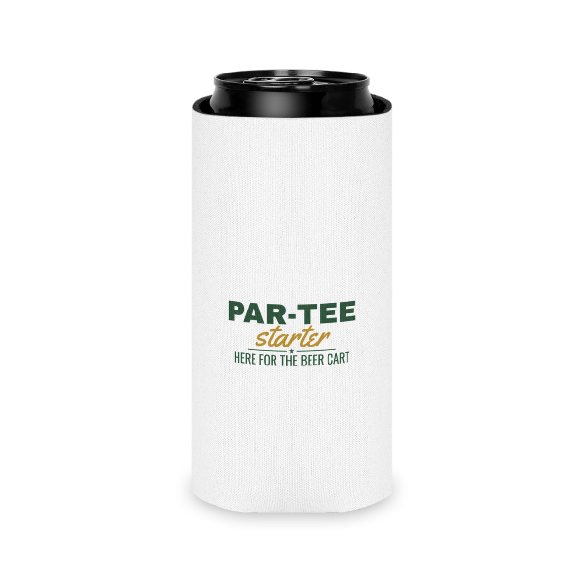 White can cooler koozie holding a black-top can; PAR-TEE starter and beer cart text