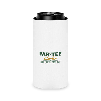 White can cooler koozie holding a black-top can; PAR-TEE starter and beer cart text