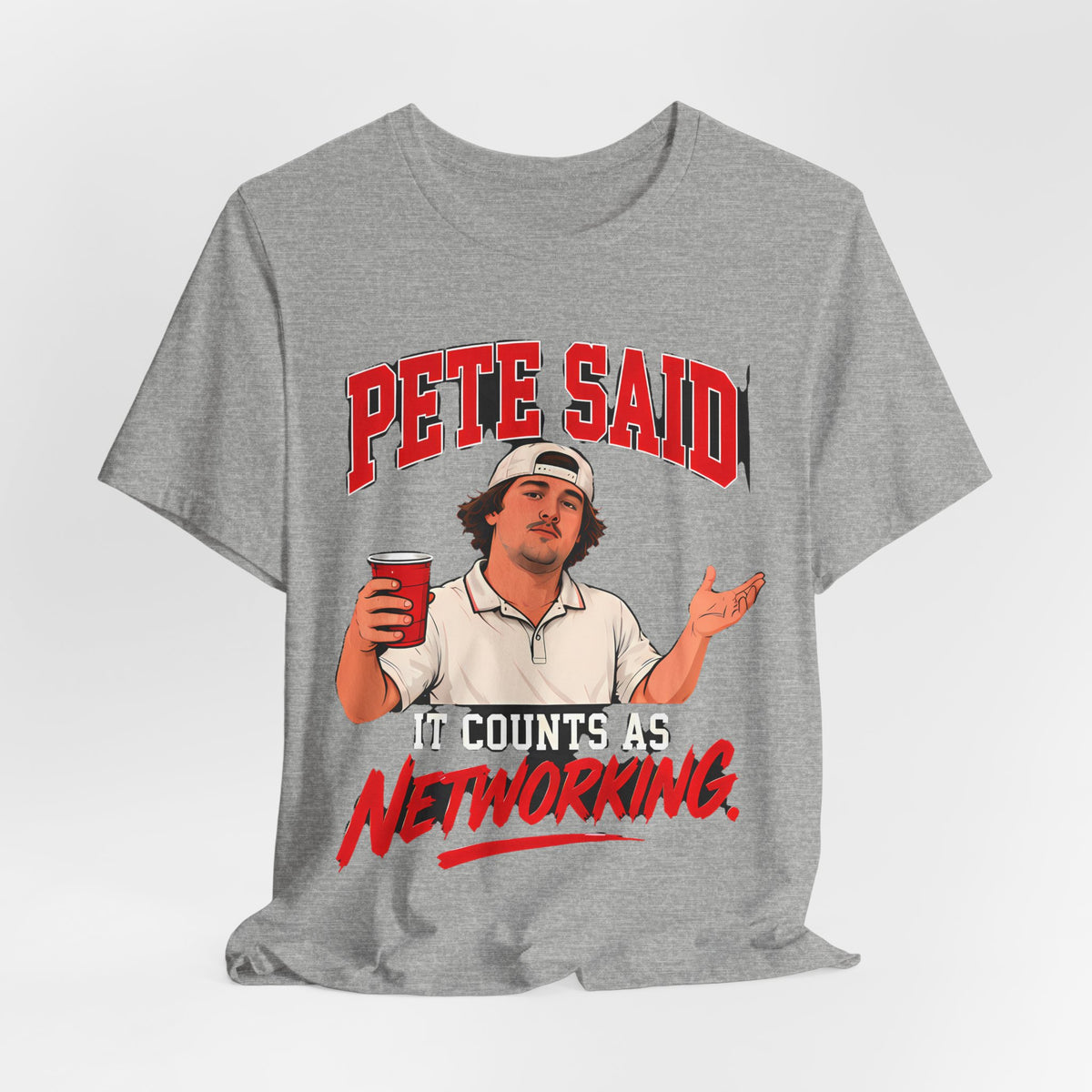 Athletic heather crewneck graphic tee with “PETE SAID” and “NETWORKING” character print