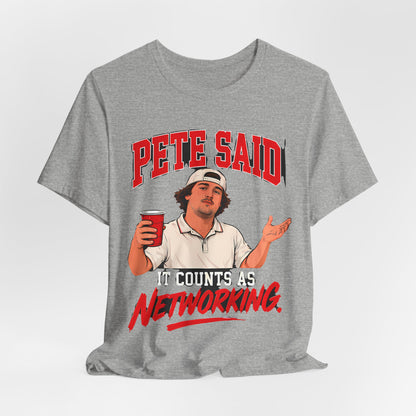 Athletic heather crewneck graphic tee with “PETE SAID” and “NETWORKING” character print