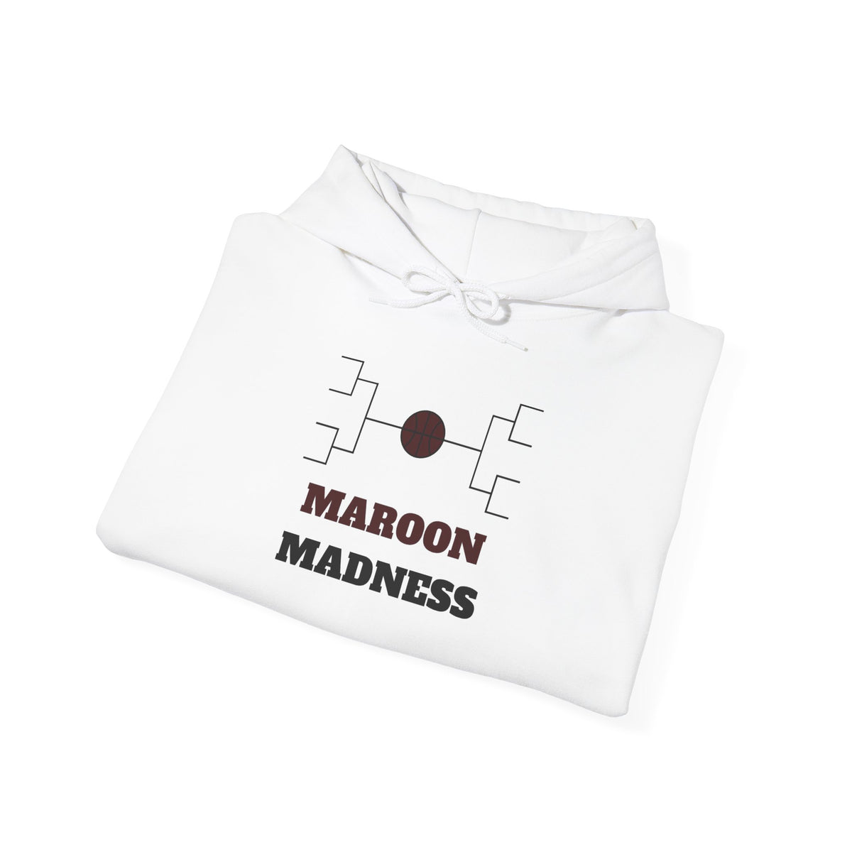 White hoodie with Maroon Madness logo and drawstring hood, folded for display