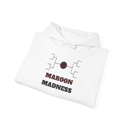 White hoodie with Maroon Madness logo and drawstring hood, folded for display