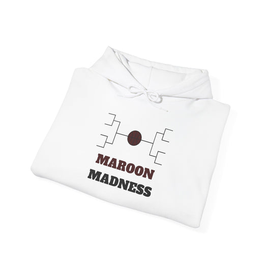 White hoodie with Maroon Madness logo and drawstring hood, folded for display