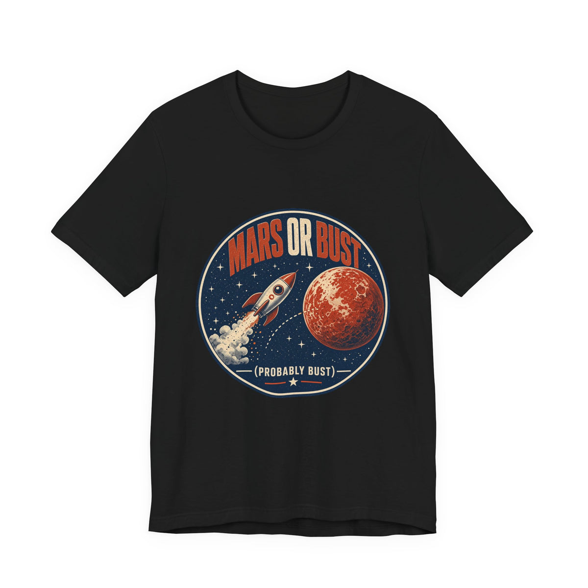Black crewneck graphic T-shirt with Mars or Bust space logo print on chest