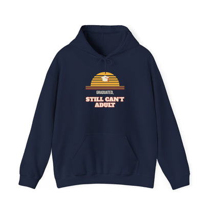 Navy pullover hoodie with front pocket, drawstring hood, and graduation text graphic