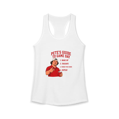 White racerback tank top with chest graphic and sleeveless cutout sides