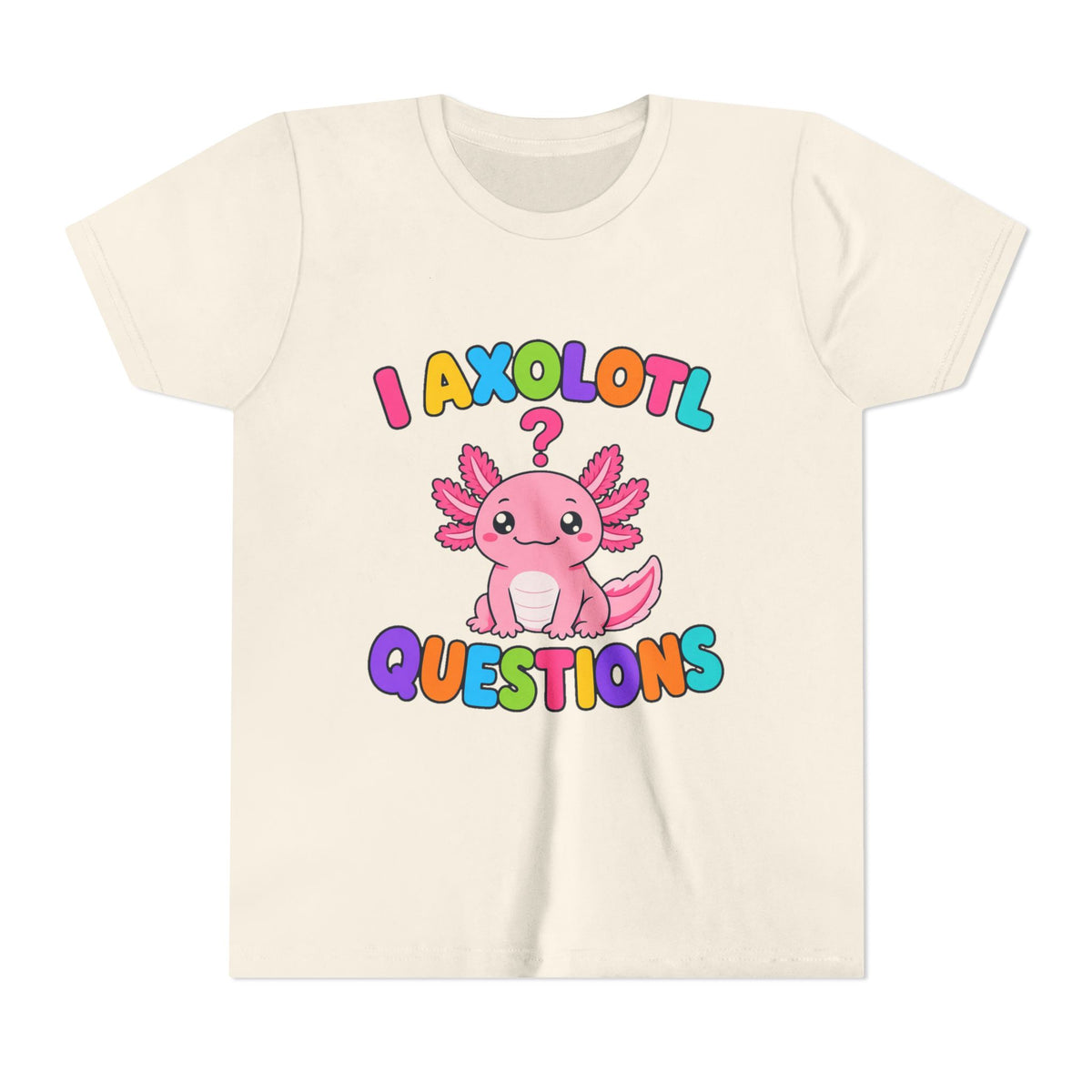Kids graphic T-shirt in cream with colorful axolotl and 'Questions' text