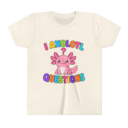 Kids graphic T-shirt in cream with colorful axolotl and 'Questions' text