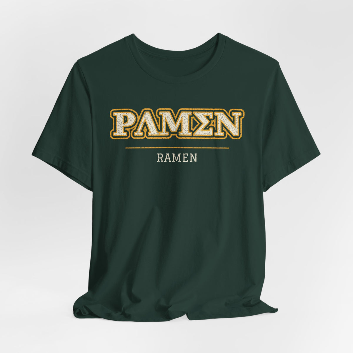 Dark green T-shirt with Greek-style RAMEN graphic on the front