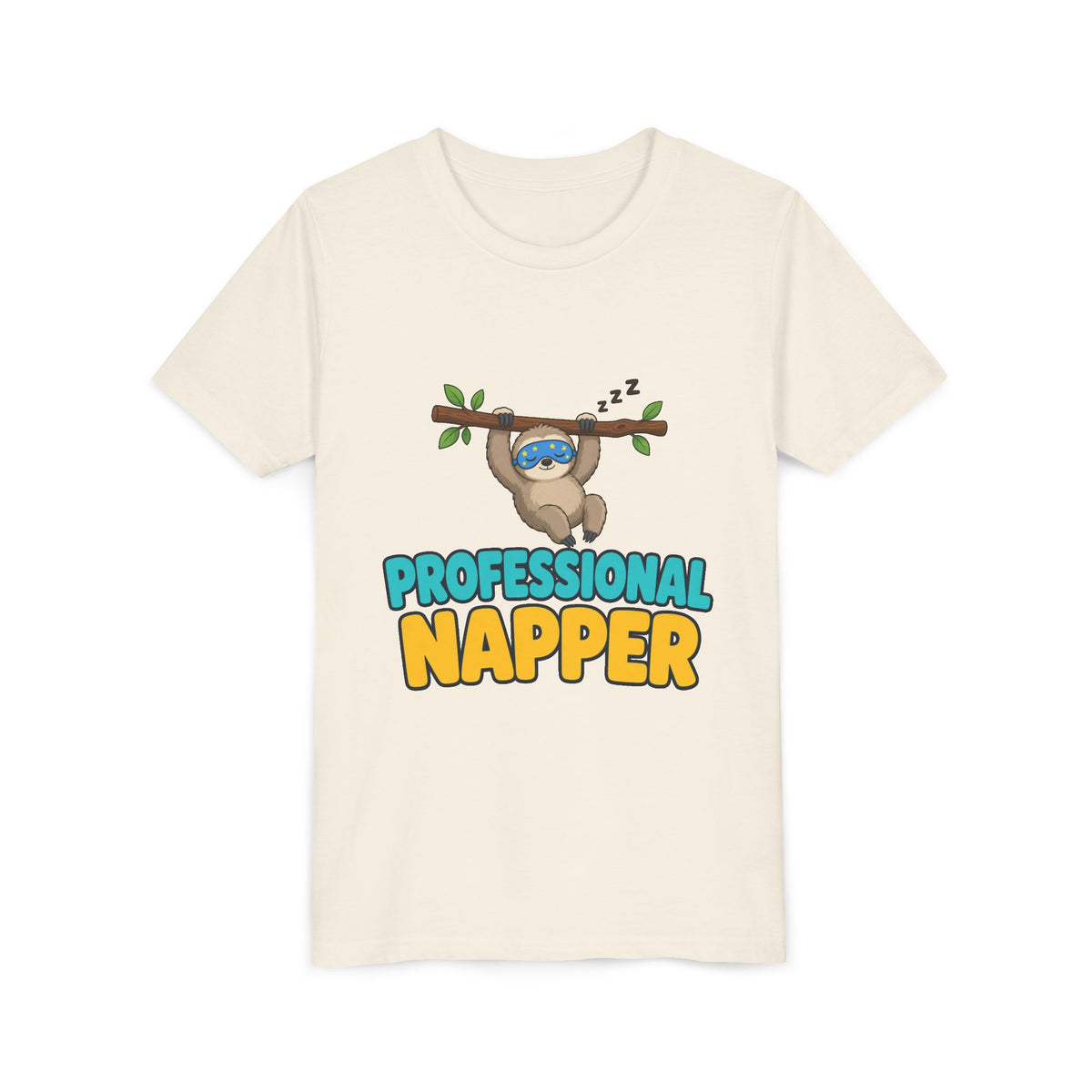 Kids cream crewneck t-shirt with sloth graphic and "PROFESSIONAL NAPPER" text