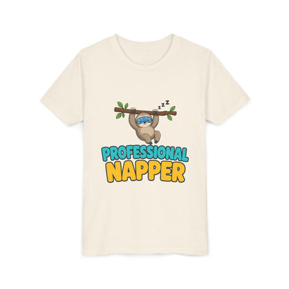 Kids cream crewneck t-shirt with sloth graphic and "PROFESSIONAL NAPPER" text
