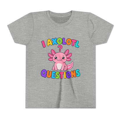 Kids graphic T-shirt in heather gray with axolotl 'Questions' design