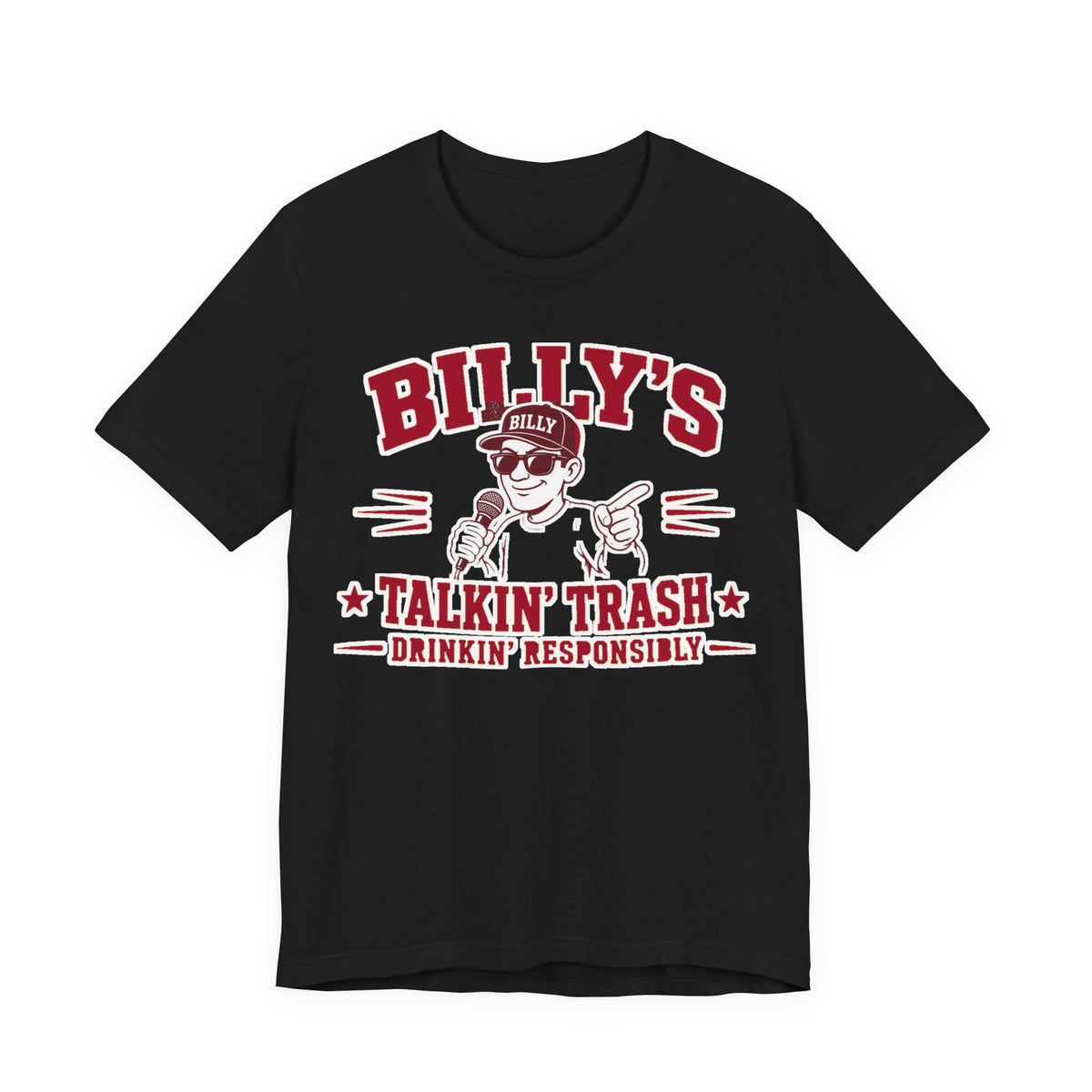 Black graphic crewneck T-shirt with red, white "BILLY'S" and cartoon print