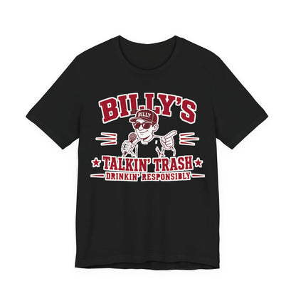 Black graphic crewneck T-shirt with red, white "BILLY'S" and cartoon print