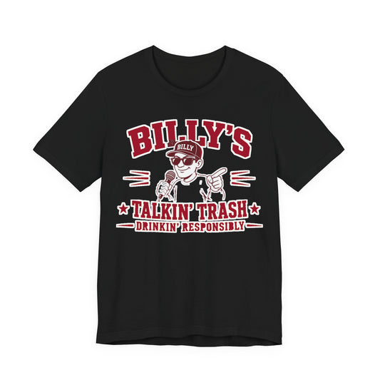 Black graphic crewneck T-shirt with red, white "BILLY'S" and cartoon print