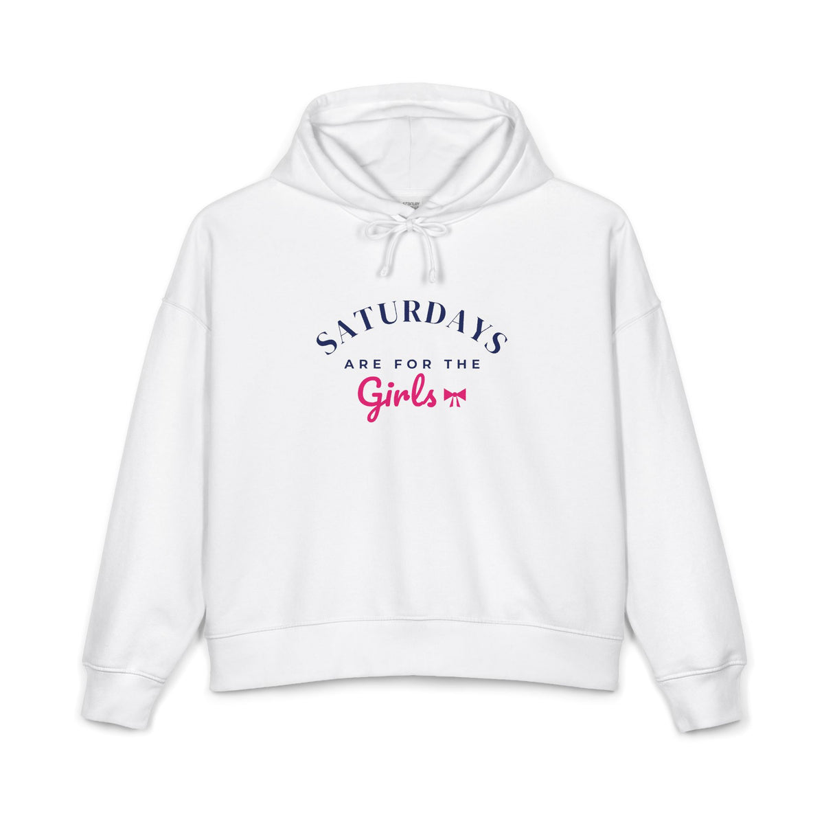 White women's pullover hoodie with front graphic and drawstring hood