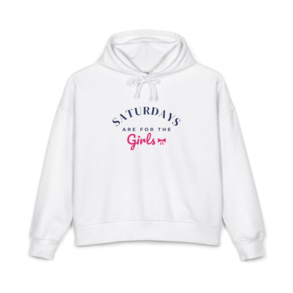 White women's pullover hoodie with front graphic and drawstring hood