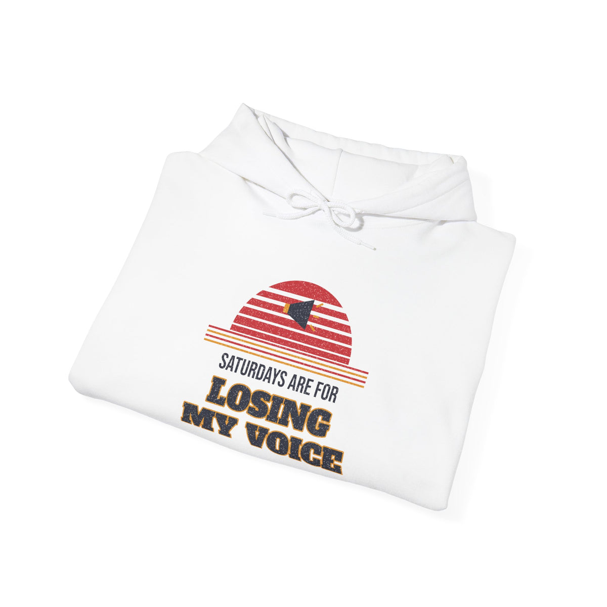 White pullover hoodie with graphic front and drawstring hood