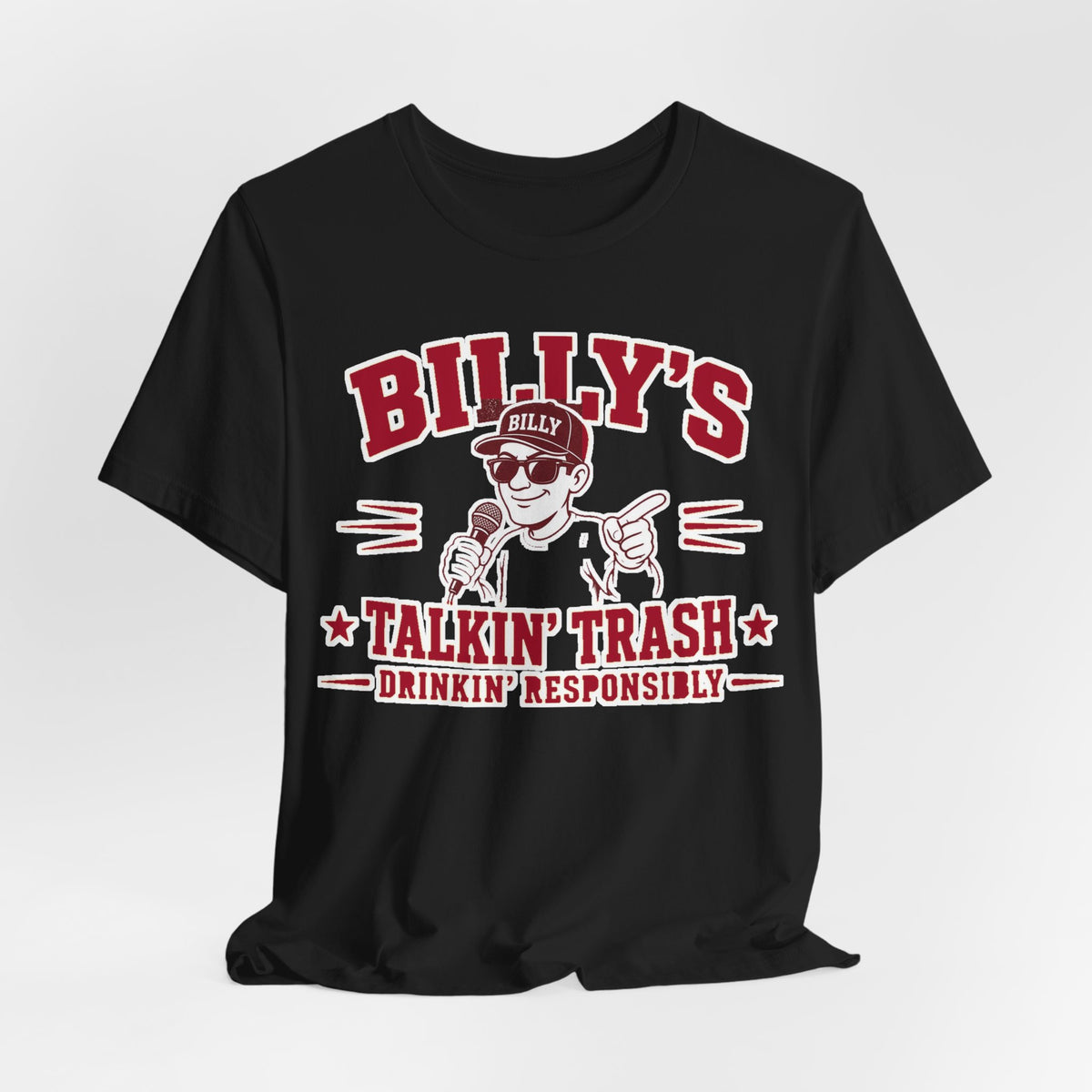 Black graphic crewneck T-shirt with "BILLY'S" and "TALKIN' TRASH" text design
