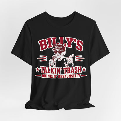 Black graphic crewneck T-shirt with "BILLY'S" and "TALKIN' TRASH" text design