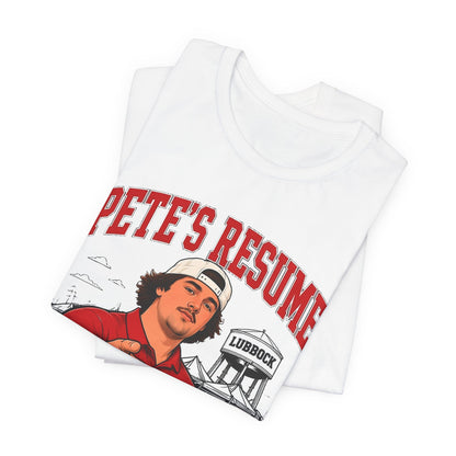 White crew neck graphic T-shirt set, overlapping shirts with red headline and illustration